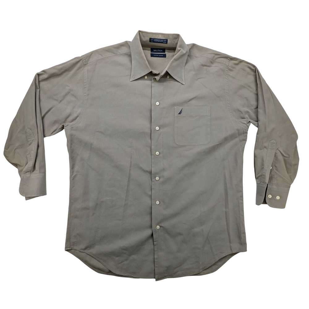 Nautica Shirt Mens 16.5 Vintage Oxford Long Sleeve Button Up Khaki Classic Logo